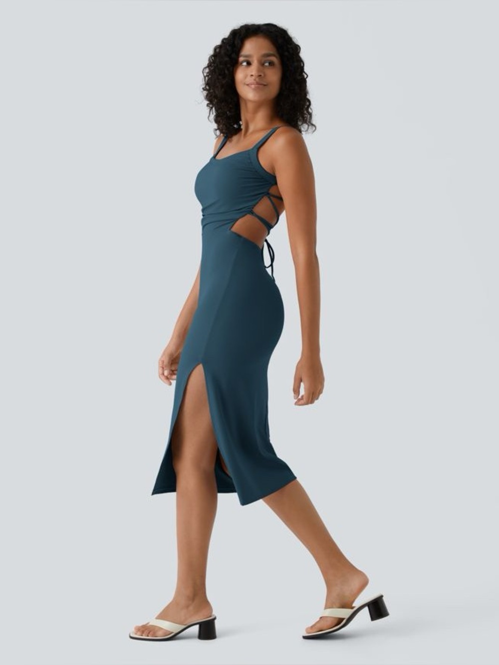 Halara Ruched Lace Up Bodycon Midi Casual Dress | Majolica Blue